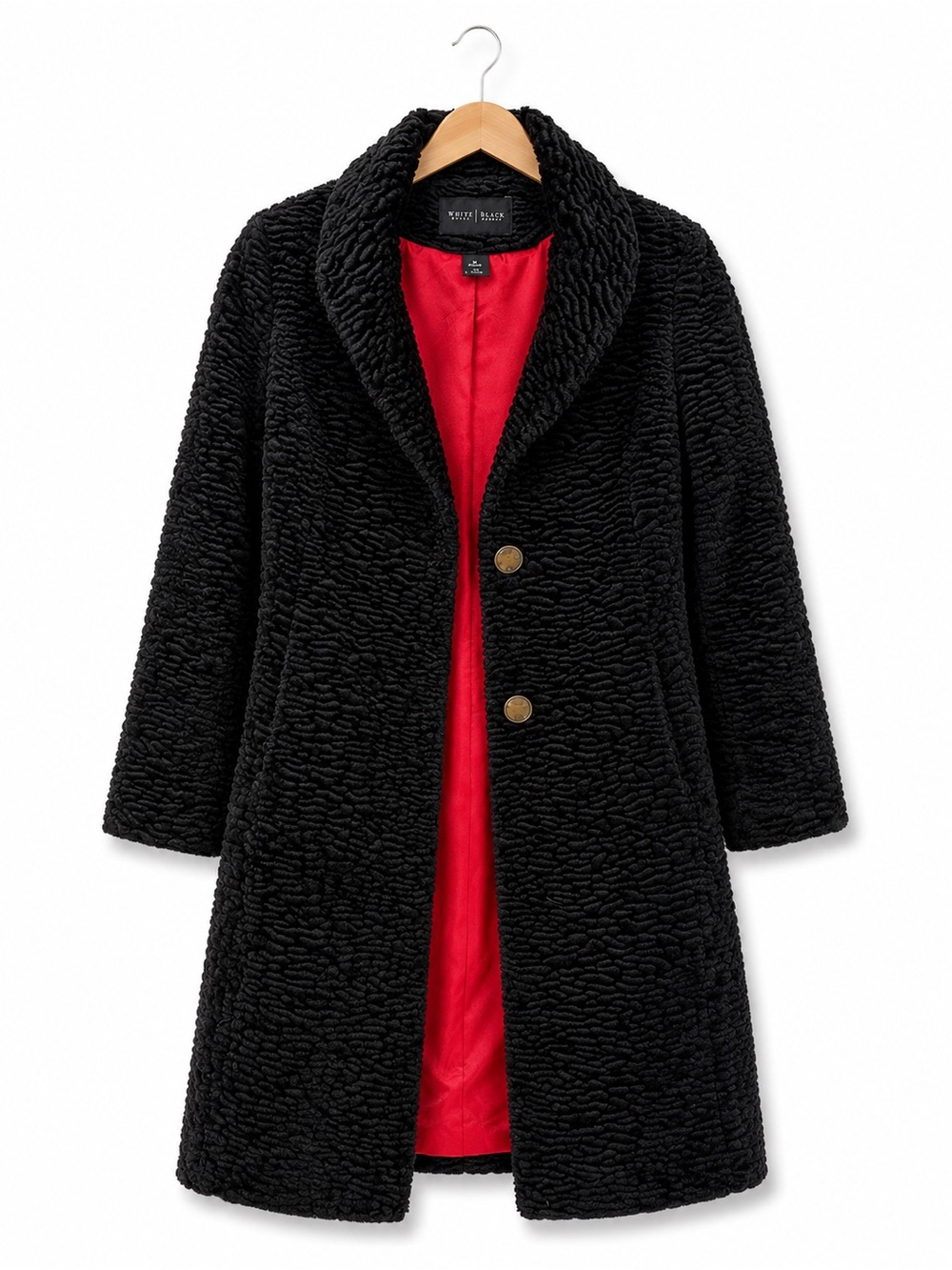 White House Black Market Black Textured Faux Fur Coat Red Satin Lining XXS